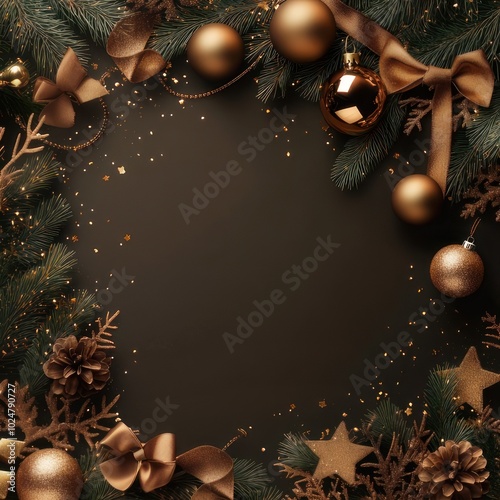 Christmas frame with bronze balls, branches and bows on a brown background with copy space photo