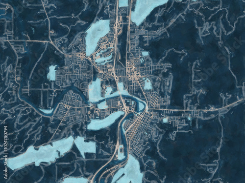 Painterly Style City Map of Roseburg Oregon, USA in a Blue Color Scheme.