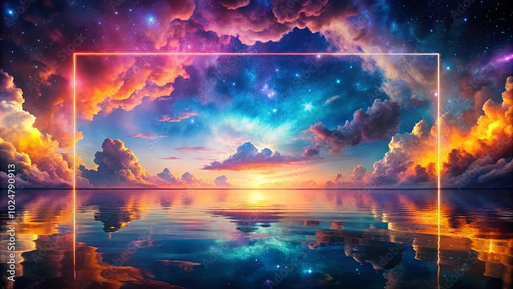 Celestial Gateway Over a Tranquil Sea, Illuminated by a Neon Frame Reflecting in the Water Celestial Gateway Over a Tranquil Sea, Illuminated by a Neon Frame Reflecting in the Water