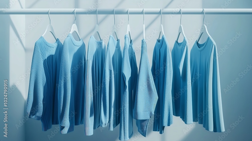 Image of blue shirts hanging on a hanger. Image of blue shirts hanging on a hanger.