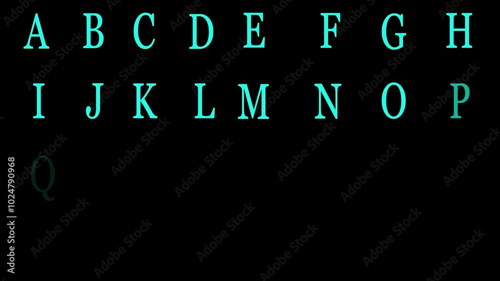 aquamarine color text Animated abstraction moving letters creating visual language on black background. alphabet a to z.