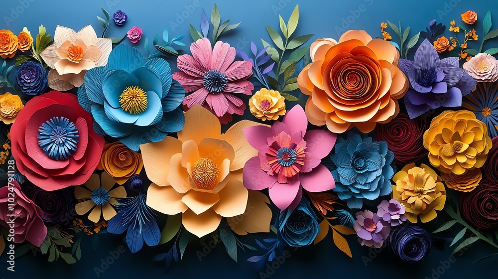 Multicolored paper cut flowers with intricate petals, arranged in a vibrant floral bouquet, paper cut flowers, colorful floral design Multicolored paper cut flowers with intricate petals, arranged in a vibrant floral bouquet, paper cut flowers, colorful floral design