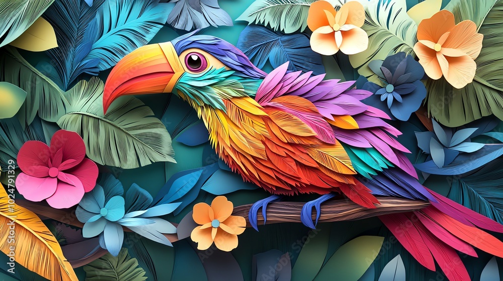 Obraz premium Paper cut tropical birds with vibrant, layered feathers for a lively wall decoration, paper cut birds, colorful nature design