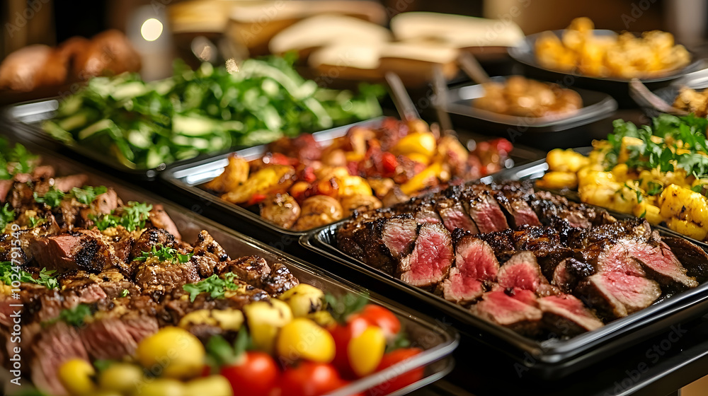 Obraz premium elegant catering buffet scene with a diverse array of gourmet dishes focusing on perfectly grilled meats warm lighting and luxurious decor create an upscale dining atmosphere