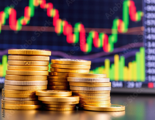 Stacked Gold Coins with Stock Market Chart photo