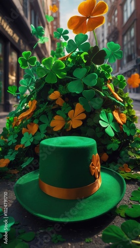 Green top hat with shamrocks and clovers in festive St. Patrick's Day scene