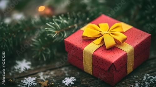 Red gift box with yellow bow, on old wooden background with pine leaves, blurred snowflakes, nature celebration