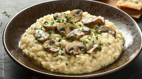 A captivating flat lay of creamy mushroom risotto in a brown plate on a black slate background, showcasing its delectable appearance with plenty of copy space for menus or promotional materials