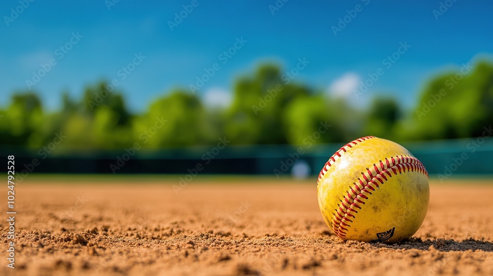 Bright Yellow Softball with Red Stitching Lying on Dirt Surface of a Baseball Field, Set Against Blurred Green Trees and Blue Sky Bright Yellow Softball with Red Stitching Lying on Dirt Surface of a Baseball Field, Set Against Blurred Green Trees and Blue Sky