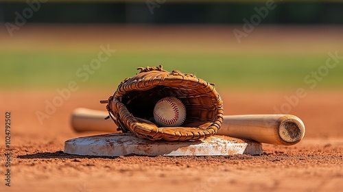 Baseball Glove with Ball and Wooden Bat Resting on a Base in a Reddish-Brown Field, Highlighting Essential Game Equipment
