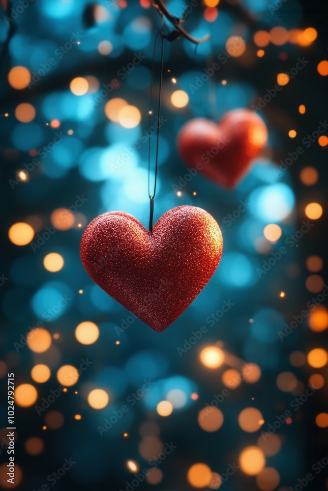 Two sparkling red hearts dangle from thin strings, illuminated by a soft bokeh background of warm golden and cool blue lights. This enchanting setup creates a romantic atmosphere perfect for celebrati Two sparkling red hearts dangle from thin strings, illuminated by a soft bokeh background of warm golden and cool blue lights. This enchanting setup creates a romantic atmosphere perfect for celebrati