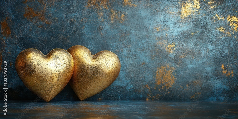Golden hearts rest side by side against a striking textured background of deep blue and shimmering gold. This warm arrangement evokes feelings of love and connection, perfect for expressing affection Golden hearts rest side by side against a striking textured background of deep blue and shimmering gold. This warm arrangement evokes feelings of love and connection, perfect for expressing affection
