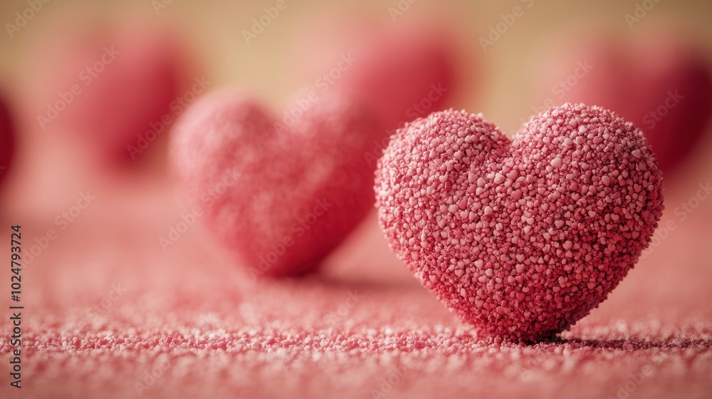 Obraz premium Soft pink heart-shaped decorations made from granulated sugar are scattered across a textured surface, evoking a warm and romantic atmosphere. Perfect for celebrations or as gifts, they add a delightf