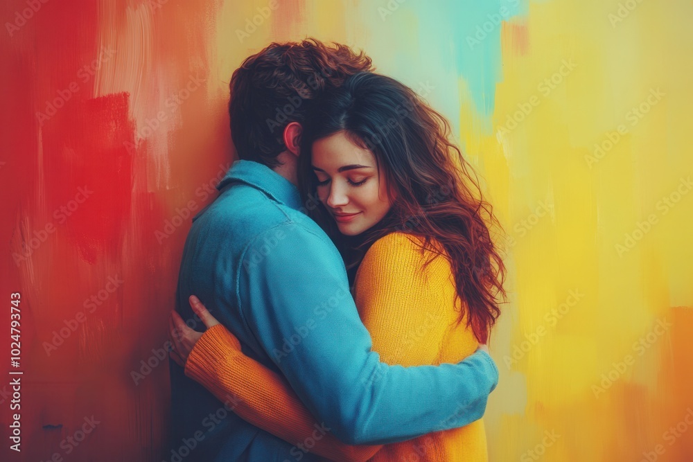 A young couple shares an intimate moment, embracing each other in a cozy hug. The vibrant mural behind them features bright colors, adding warmth and emotion to the affectionate scene in a lively urba A young couple shares an intimate moment, embracing each other in a cozy hug. The vibrant mural behind them features bright colors, adding warmth and emotion to the affectionate scene in a lively urba