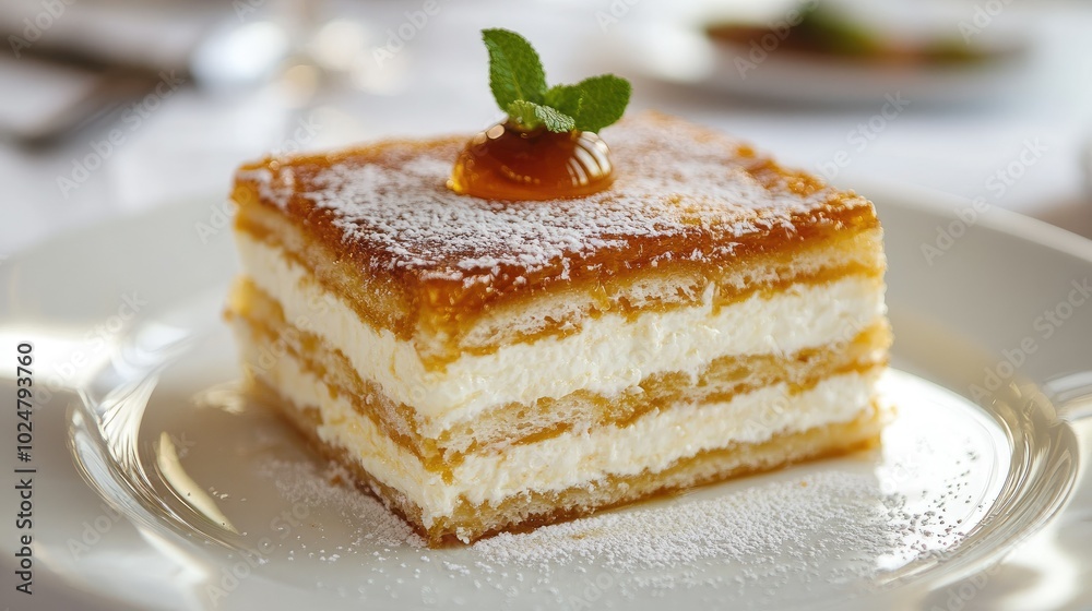 A close-up of a Medovik slice on a white plate, with soft layers of honey and sour cream, served as a beautifully decorated dessert in a fine dining restaurant. A close-up of a Medovik slice on a white plate, with soft layers of honey and sour cream, served as a beautifully decorated dessert in a fine dining restaurant.