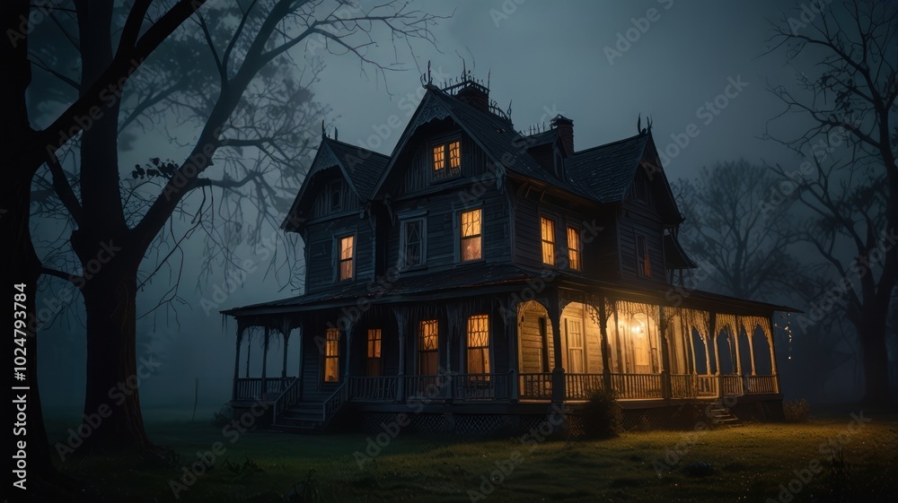 A large, weathered Victorian-style house with glowing windows stands in a fog-shrouded forest at night. A large, weathered Victorian-style house with glowing windows stands in a fog-shrouded forest at night.