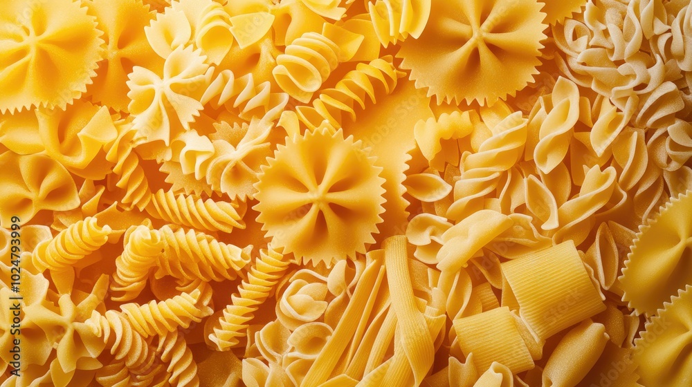 A close-up of fresh pasta in various shapes on a textured background, with a significant area of copy space, ideal for menus, recipe books, or promotional content. A close-up of fresh pasta in various shapes on a textured background, with a significant area of copy space, ideal for menus, recipe books, or promotional content.