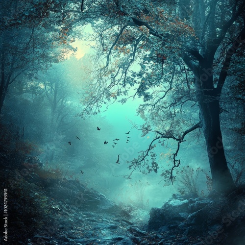 A psychedelic forest with cool hues and an imaginative nature magazine cover. The cold look of the forest adds mystery. Cool colors create an artistic atmosphere. 