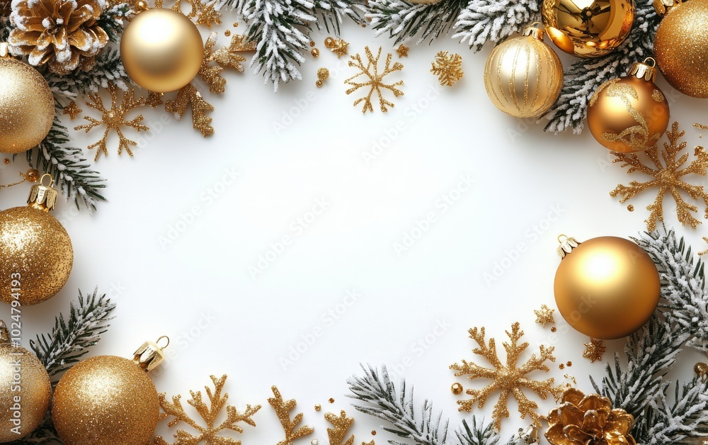 Golden ornaments and snowflakes arranged on a snowy surface for a festive holiday decoration Golden ornaments and snowflakes arranged on a snowy surface for a festive holiday decoration