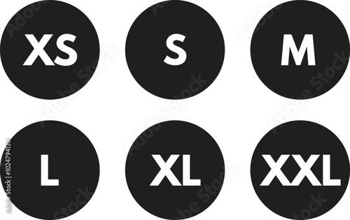 Clothing sizes icon set . Clothing size labels set XS, S, M, L, XL, XXL. Vector illustration