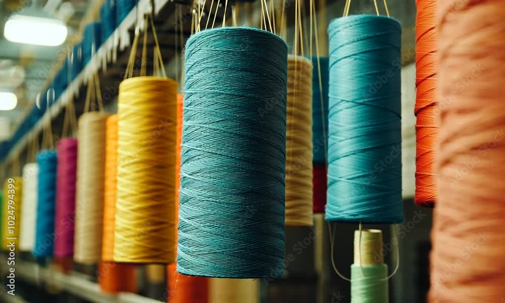 Colorful Thread Spools in a Textile Factory