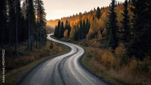 Winding road through a dense forest with autumn foliage, featuring tall pine and deciduous trees under a setting sun.