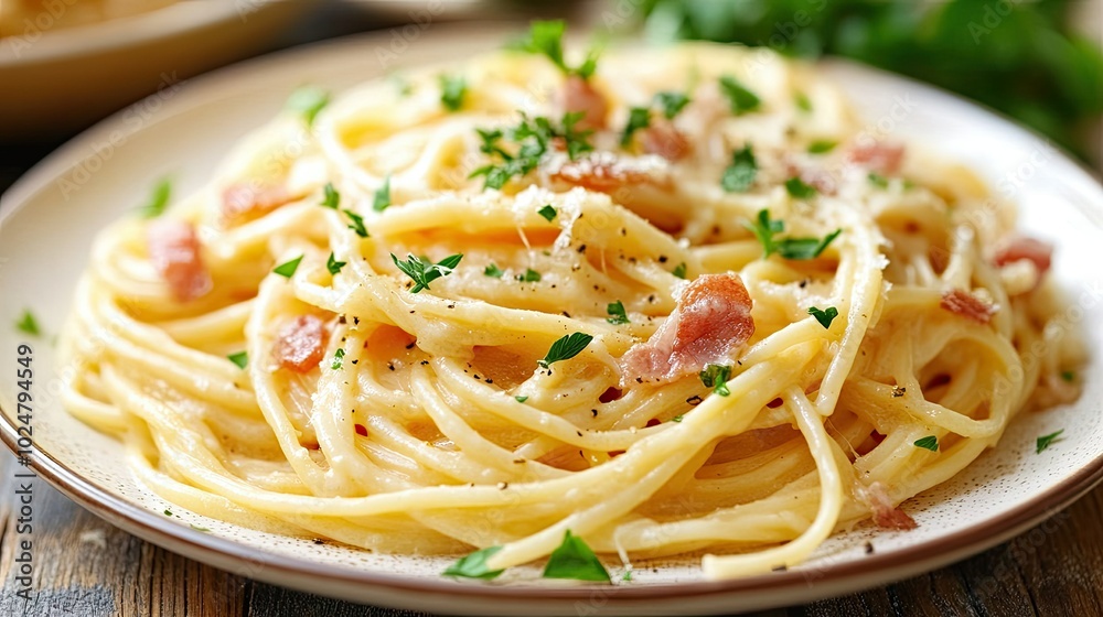 A close-up view of a plate of spaghetti carbonara, perfectly twirled and garnished with fresh parsley, showcasing the creamy sauce and crispy pancetta against a rustic wooden table backdrop. A close-up view of a plate of spaghetti carbonara, perfectly twirled and garnished with fresh parsley, showcasing the creamy sauce and crispy pancetta against a rustic wooden table backdrop.