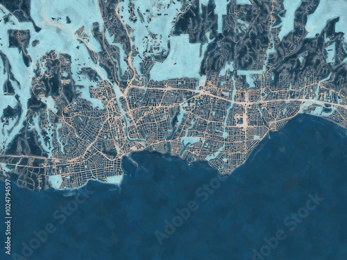 Foto Painterly Style City Map of Santa Cruz  California, USA in a Blue Color Scheme