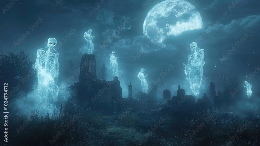 Obraz premium A spooky Halloween night filled with multiple ghostly apparitions, some skeletal, others transparent, floating across a moonlit graveyard
