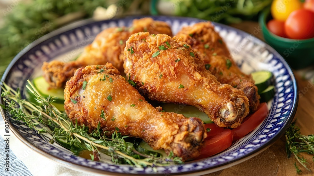 A colorful presentation of deep-fried chicken drumsticks on a decorative plate, surrounded by fresh vegetables and herbs, highlighting the dish's appeal and inviting guests to indulge. A colorful presentation of deep-fried chicken drumsticks on a decorative plate, surrounded by fresh vegetables and herbs, highlighting the dish's appeal and inviting guests to indulge.