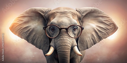 A wise and gentle giant with a studious gaze, wearing round glasses against a backdrop of a warm sunset.