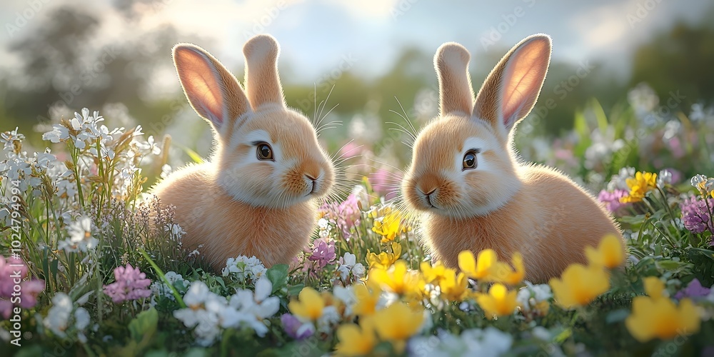 Two adorable bunnies enjoying the spring flowers. Two adorable bunnies enjoying the spring flowers.
