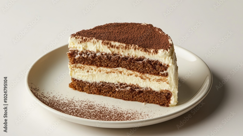 A decadent slice of Tiramisu cake on a white plate, perfectly arranged for fine dining, with rich layers of mascarpone cream and coffee-soaked sponge, dusted with cocoa. A decadent slice of Tiramisu cake on a white plate, perfectly arranged for fine dining, with rich layers of mascarpone cream and coffee-soaked sponge, dusted with cocoa.