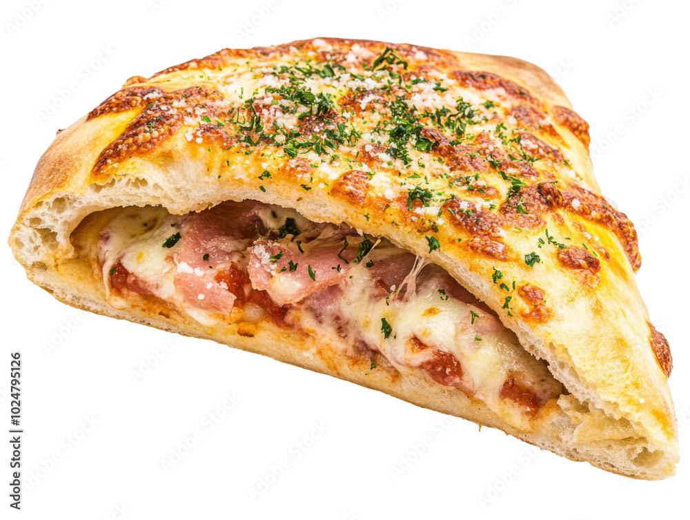 Delicious cutaway calzone pizza with savory fillings Delicious cutaway calzone pizza with savory fillings