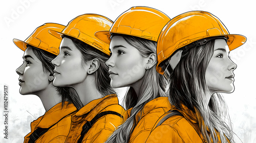 Illustration of women in hard hats, symbolizing empowerment in industry.