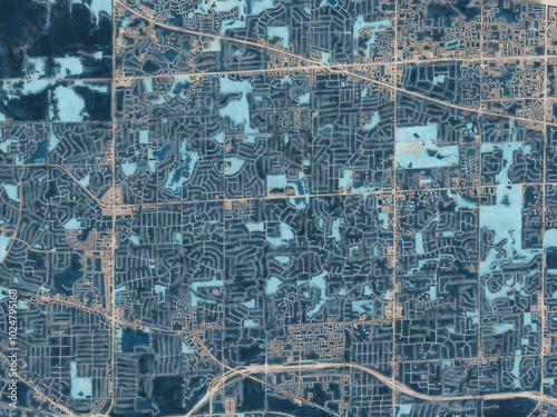 Painterly Style City Map of Schaumburg  Illinois, USA in a Blue Color Scheme.