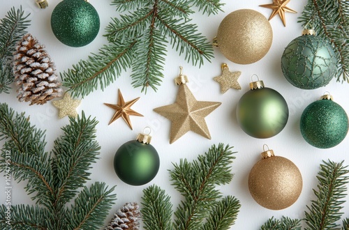 Decorated festive arrangement of green and gold ornaments surrounded by everg...