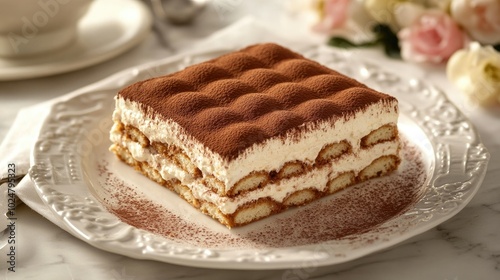 A delectable Tiramisu served with elegance, highlighting its layers of coffee-soaked ladyfingers and smooth mascarpone cream, adorned with a light dusting of cocoa for a classic Italian dessert charm