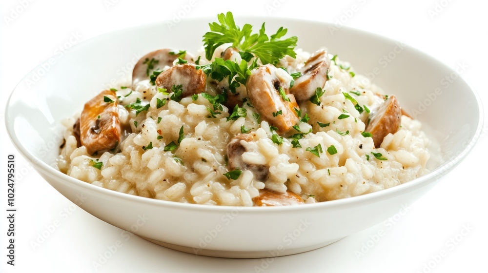 A delicious bowl of risotto elegantly styled on a white background, featuring fresh garnishes and textures, with generous copy space perfect for marketing or culinary descriptions. A delicious bowl of risotto elegantly styled on a white background, featuring fresh garnishes and textures, with generous copy space perfect for marketing or culinary descriptions.