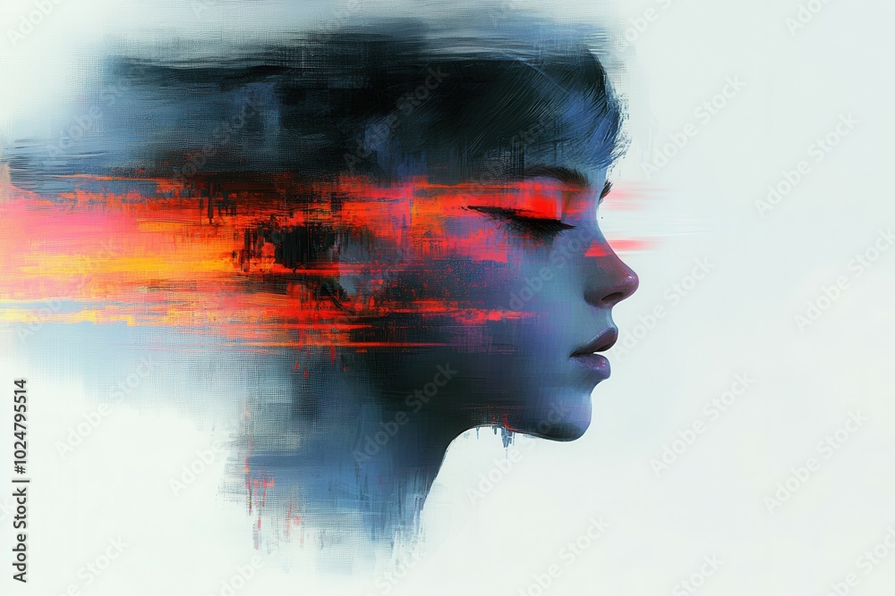 A young womans serene profile is depicted with soft features, surrounded by swirling colors of a vivid sunset. The vibrant hues blend harmoniously, creating a dreamlike atmosphere that enhances the tr A young womans serene profile is depicted with soft features, surrounded by swirling colors of a vivid sunset. The vibrant hues blend harmoniously, creating a dreamlike atmosphere that enhances the tr