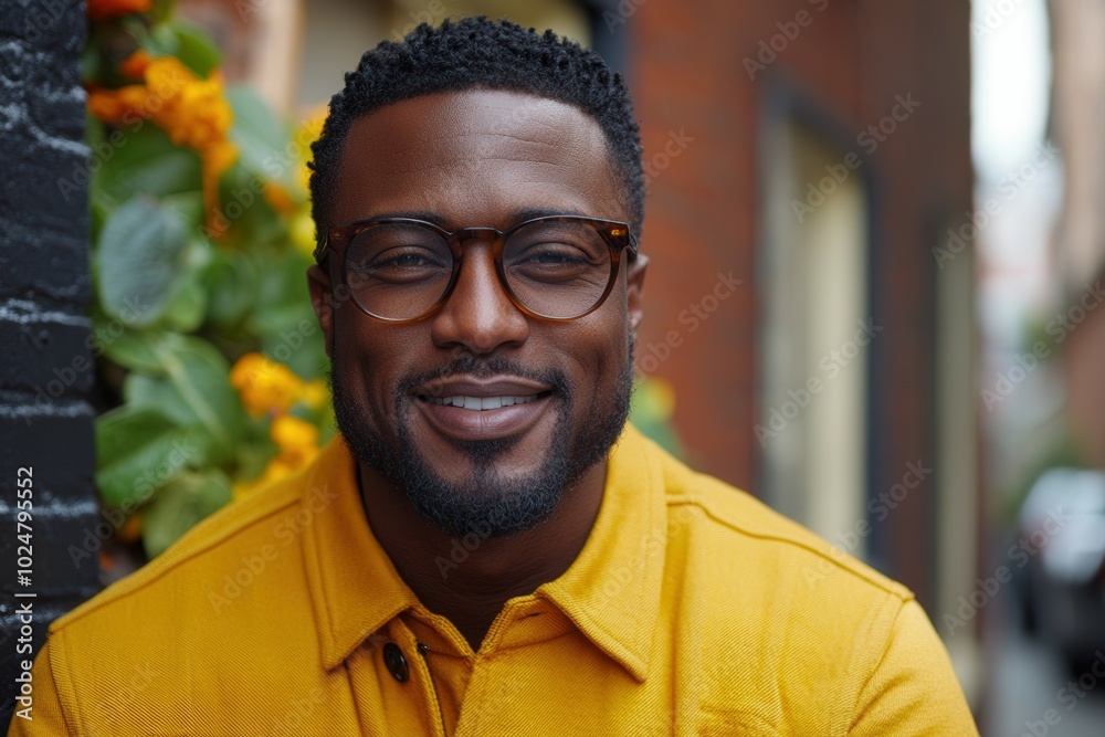 A cheerful man sits comfortably in a narrow alley adorned with colorful flowers. He wears glasses and a bright yellow jacket, radiating a friendly demeanor. The warm sunlight enhances the charm of the A cheerful man sits comfortably in a narrow alley adorned with colorful flowers. He wears glasses and a bright yellow jacket, radiating a friendly demeanor. The warm sunlight enhances the charm of the