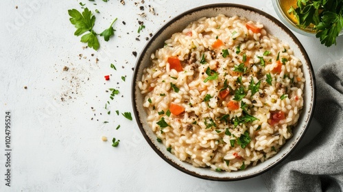 A delicious bowl of risotto elegantly styled on a white background, featuring fresh garnishes and textures, with generous copy space perfect for marketing or culinary descriptions.