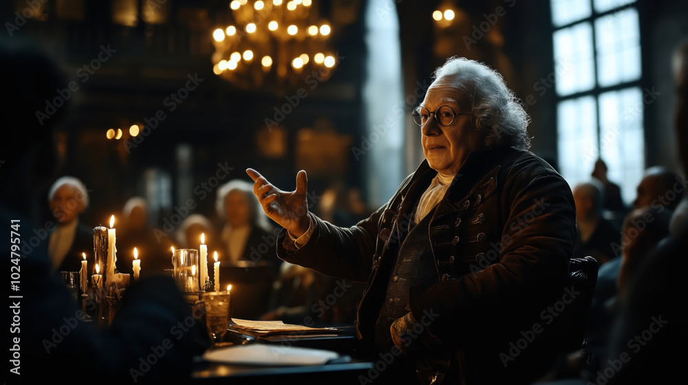 Historical scene with a person in period clothing speaking passionately in a candlelit room, surrounded by attentive audience and vintage decor. Historical scene with a person in period clothing speaking passionately in a candlelit room, surrounded by attentive audience and vintage decor.