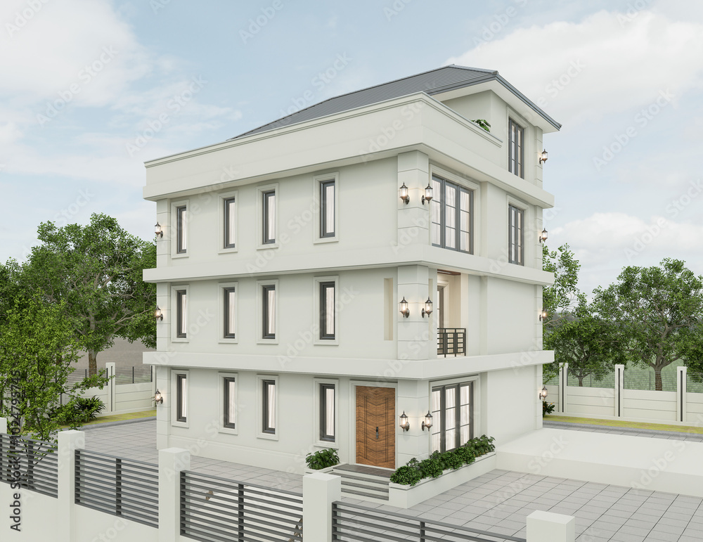 3D Rendering of a modern apartment building exterior in the evening view with lawn grass. 3D Rendering of a modern apartment building exterior in the evening view with lawn grass.