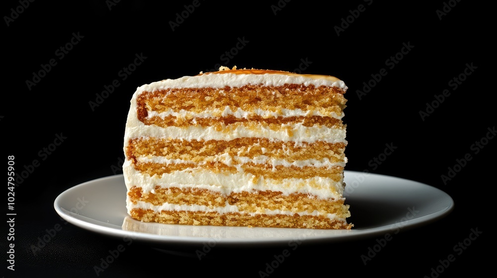 A delicious slice of layered honey cake, set on a white plate with a black background for contrast, making the golden cake layers and smooth cream filling stand out beautifully. A delicious slice of layered honey cake, set on a white plate with a black background for contrast, making the golden cake layers and smooth cream filling stand out beautifully.