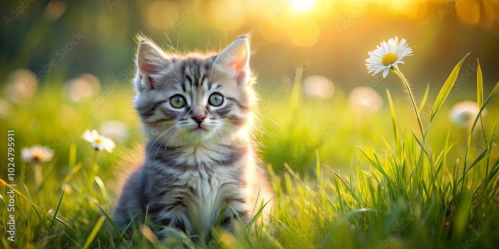 Obraz premium A Curious Kitten Gazes at a Single White Daisy in a Sunlit Field of Green Grass