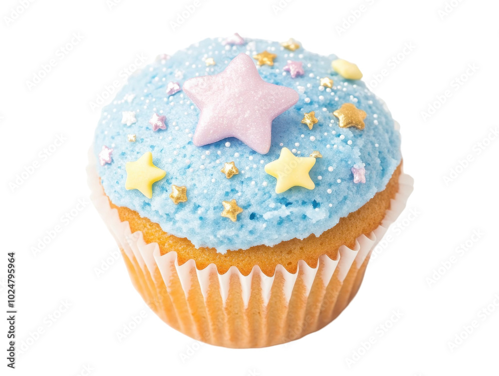 Spring-themed blue cupcake with star sprinkles for festive occasions Spring-themed blue cupcake with star sprinkles for festive occasions