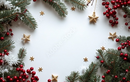 Festive arrangement of pine branches, berries, and stars for a winter holiday...