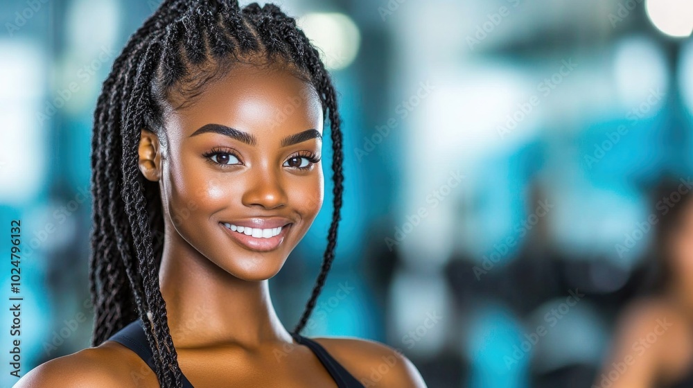 Confident woman with braided hair smiling in fitness setting Confident woman with braided hair smiling in fitness setting