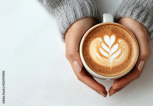 Cozy hands holding a warm cup of coffee with latte art on a serene white back...
